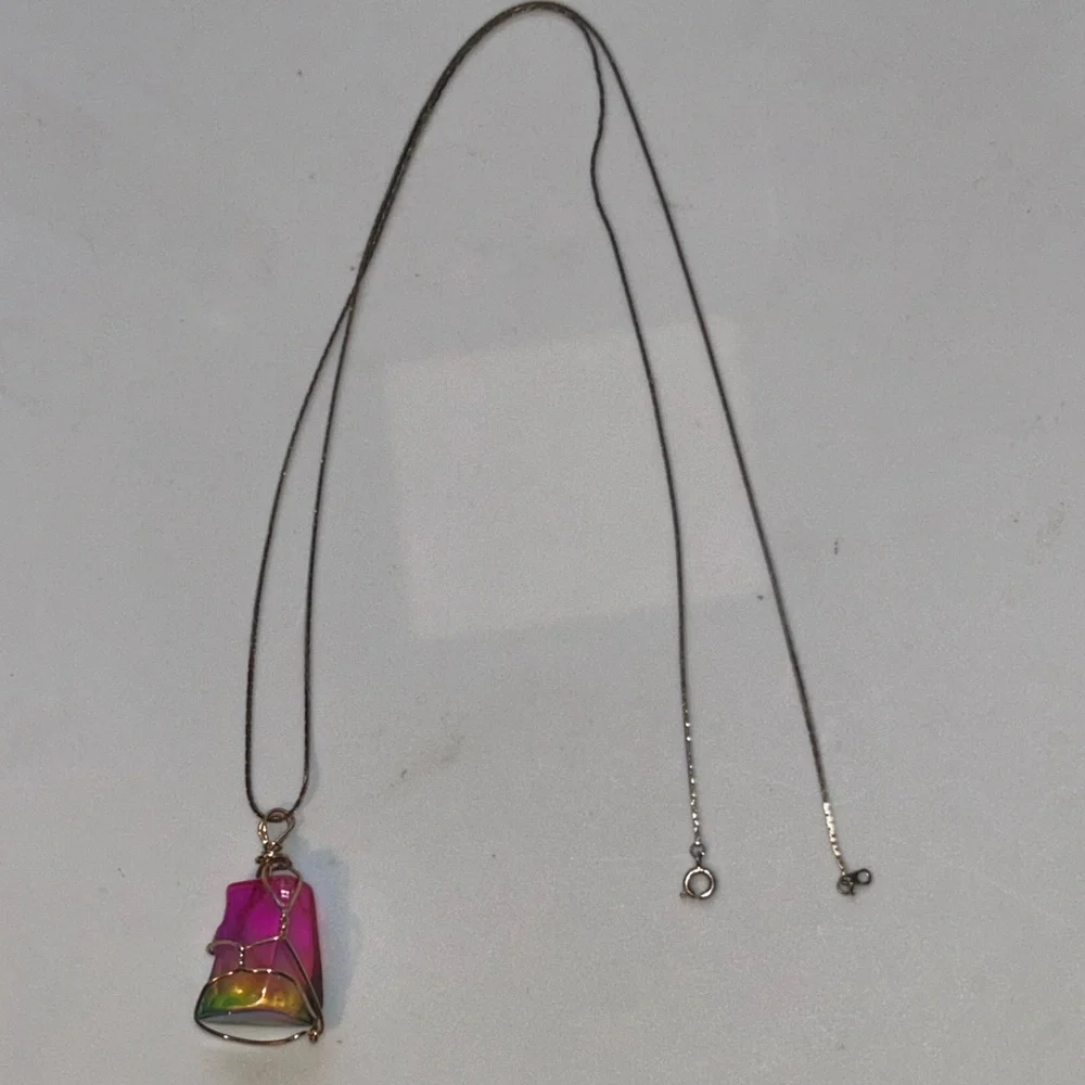 Handmade Iridescent Rainbow Pendant Gold Tone Chain Necklace Boho Jewelry - Picture 3 of 13